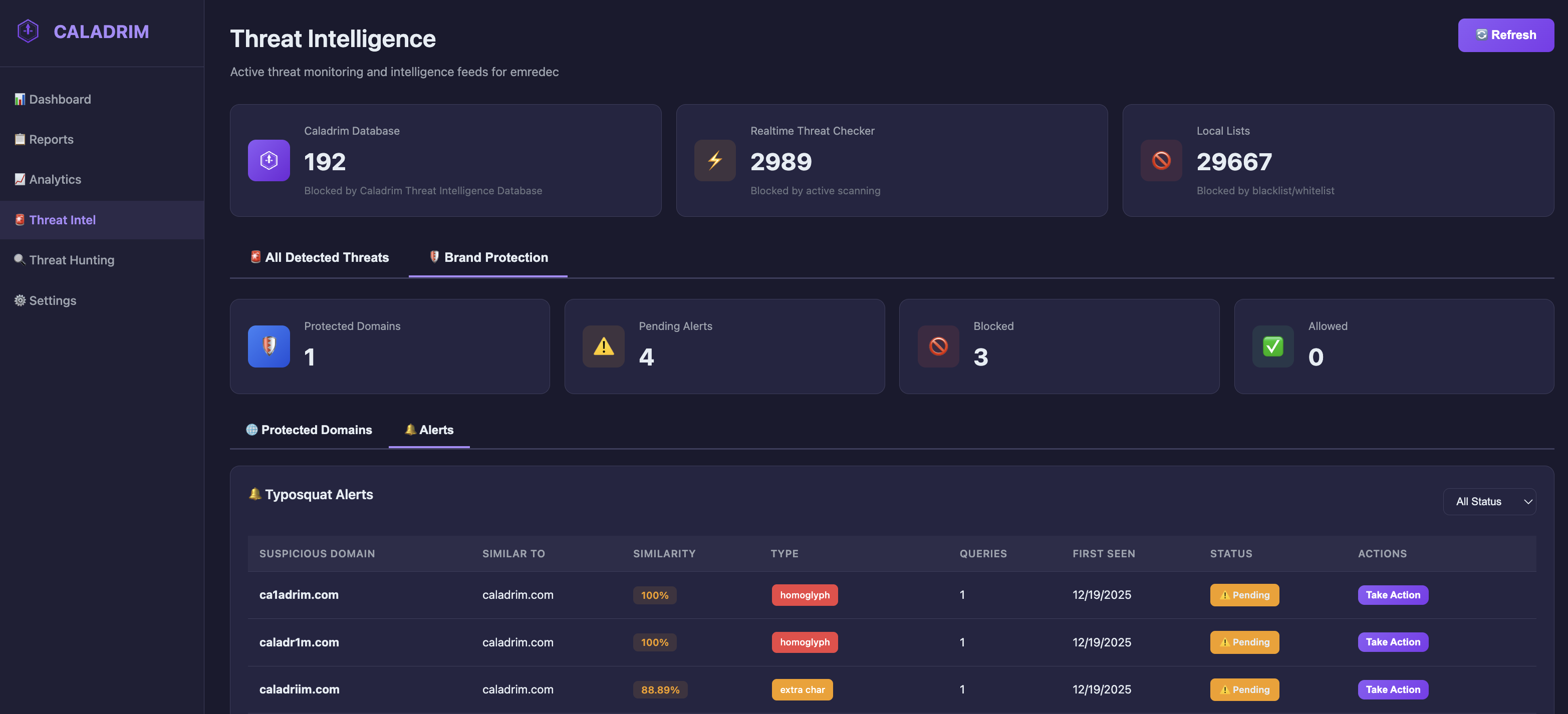 Brand Protection showing typosquat alerts